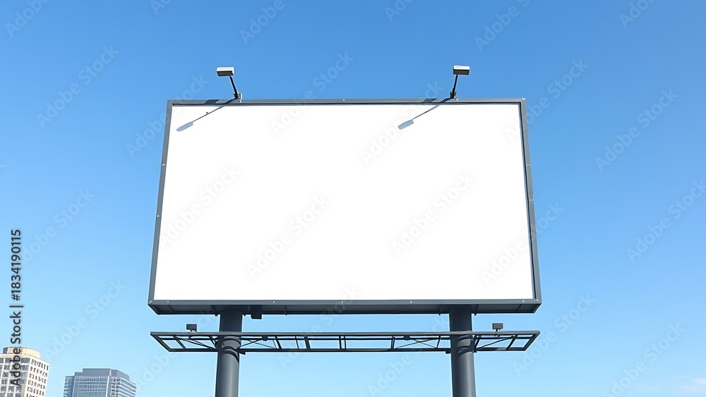 Obraz premium Empty urban billboard frame against blue sky, clean modern design with cityscape background.