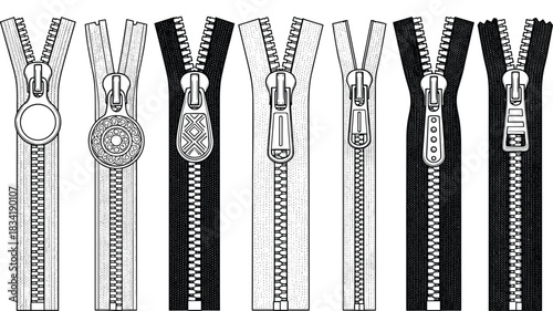 Black and White Collection of Open Zippers with Various Pullers and Teeth Styles for Clothing and Fashion Design.