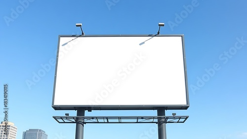 Empty urban billboard frame against blue sky, clean modern design with cityscape background.