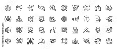 Ethics and integrity line icon set. vector pictograms of justice scales, brain, handshake, megaphone, and diploma, thin linear illustration.