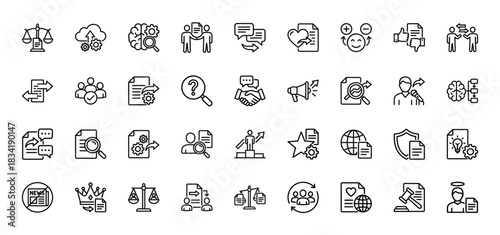 Business management line icon set. Vector pictograms of handshake, teamwork, gears, legal scale, megaphone, leadership and communication, thin linear illustration.
