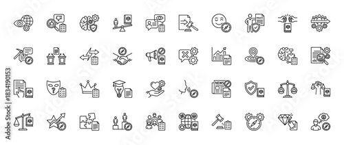 Ethics and compliance line icon set. Vector pictograms of regulations, governance, transparency, and accountability, thin linear illustration.
