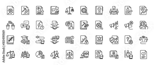 Legal and corporate business line icon set. Vector pictograms of scales, document, chart, and handshake, thin linear illustration.