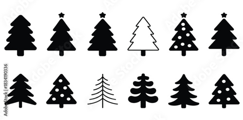 Black Christmas tree outline clip art pack. Elegant pine tree silhouettes, modern flat icons, winter holiday graphics on white background. Vector illustration set for greeting cards, stickers, and dec