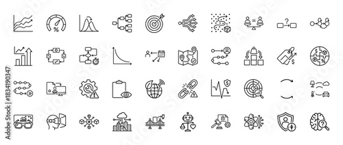 Business and strategy line icon set. Vector pictograms of charts, targets, data analysis, and problem-solving, thin linear illustration.