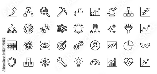 Business and data science line icon set. Vector pictograms of charts, diagrams, brain, data mining, and analytics, thin linear illustration.