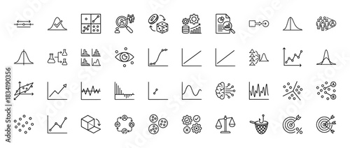 Data science and statistics line icon set. Vector pictograms of charts, graphs, and probability concepts, thin linear illustration.