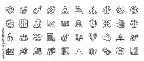 Business and management line icon set. Vector pictograms of research, strategy, finance, and planning, thin linear illustration.