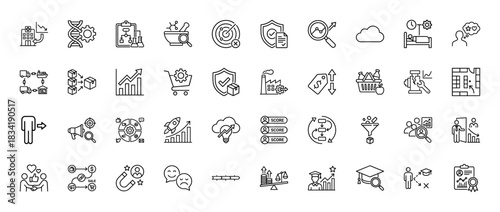 Business and strategy line icon set. Vector pictograms of finance, analytics, development, logistics, and data, thin linear illustration.