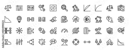 Data science and analytics line icon set. Vector pictograms of machine learning, research, modeling, automation, and optimization, thin linear illustration.