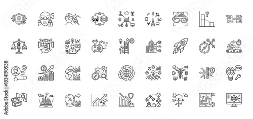 Future technology line icon set. Vector pictograms of cybersecurity, ai, blockchain, vr, smart city, finance, data, automation and innovation, thin linear illustration.