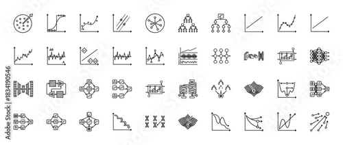 Machine learning and data science line icon set. Vector pictograms of neural networks, algorithms, and data graphs, thin linear illustration.