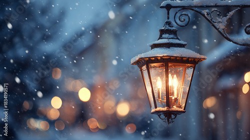 City street lamp close up, snow bokeh background. Merry Christmas and Happy Holidays greeting card, frame, banner. New Year. Noel. Winter festive xmas outdoor theme.
