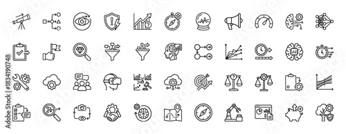 Future technology and business strategy line icon set. Vector pictograms of telescope, neural network, brain, robot arm, target, cloud, funnel, thin linear illustration.