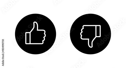 Thumbs up and down outline icon. Like and dislike gesture symbol in black circle
