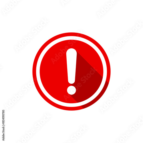Warning, danger sign with long shadow. Exclamation mark icon in red circle. Caution and alert symbol