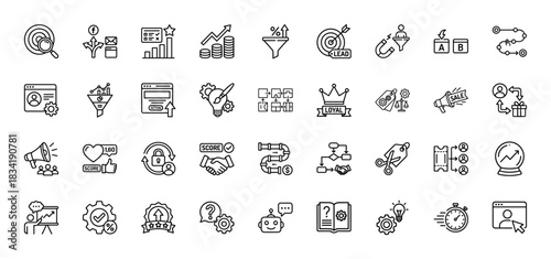 Marketing and sales line icon set. Vector pictograms of lead generation, loyalty programs, funnel analysis, and financial growth, thin linear illustration.