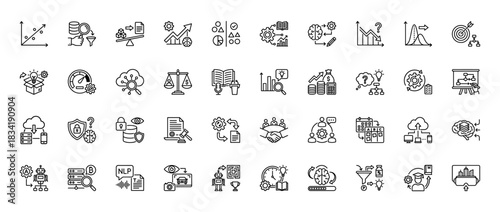 Data science and artificial intelligence line icon set. Vector pictograms of machine learning, big data, analytics, cloud computing, algorithms, and development, thin linear illustration.