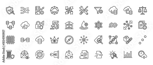 Data analytics and technology line icon set. Vector pictograms of server, cloud, shield, database, network, chart, gear, warehouse, document, thin linear illustration.