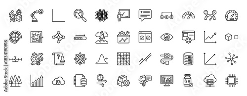 Data science and analysis line icon set. Vector pictograms of machine learning, neural network, chart, graph, and process, thin linear illustration.