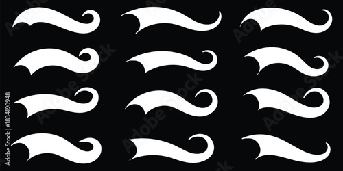 Swoosh and swash tails. Swooshes text tail for baseball design. Sports swash underline shapes in retro style. Swish typography font element for athletics, baseball, football. Vector black sport tails