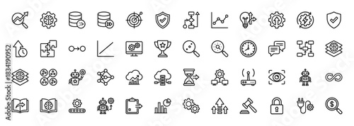 Technology and data analysis line icon set. Vector pictograms of machine learning, cloud computing, research, and settings, thin linear illustration.