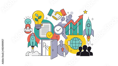 Business startup and development concept with various icons.