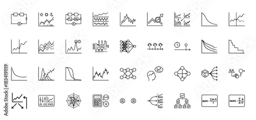 Machine learning and data analysis line icon set. Vector pictograms of neural networks, time series, forecasting, and charts, thin linear illustration.