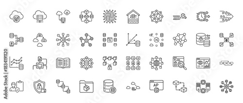 Technology and data infrastructure line icon set. Vector pictograms of cloud computing, database servers, blockchain, and network diagrams, thin linear illustration.