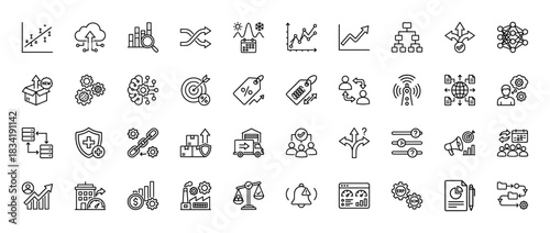 Business and data analytics line icon set. vector pictograms of charts, graphs, strategy, and logistics, thin linear illustration.