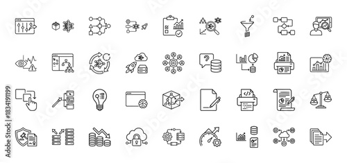 Data science and analytics line icon set. Vector pictograms of machine learning, development, cloud security, and reports, thin linear illustration.