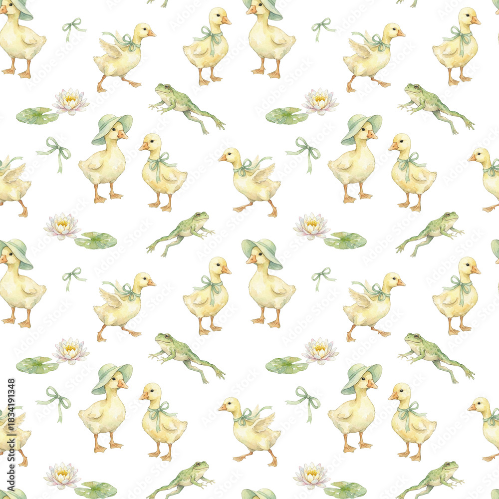 Fototapeta premium Cute Watercolor Ducks and Frogs Seamless Pattern 
