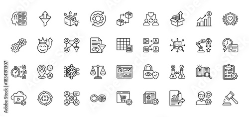 Business automation line icon set. Vector pictograms of funnel, server, robot, neural network, gear, chart, dashboard, scale, cloud and puzzle. Thin linear style.