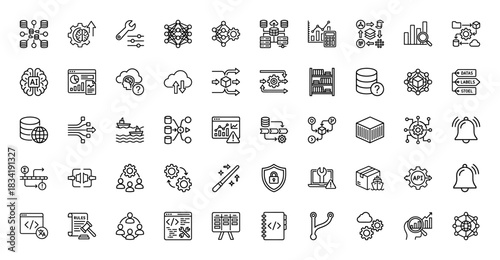 Technology and data science line icon set. Vector pictograms of machine learning, cloud computing, and data management, thin linear illustration.