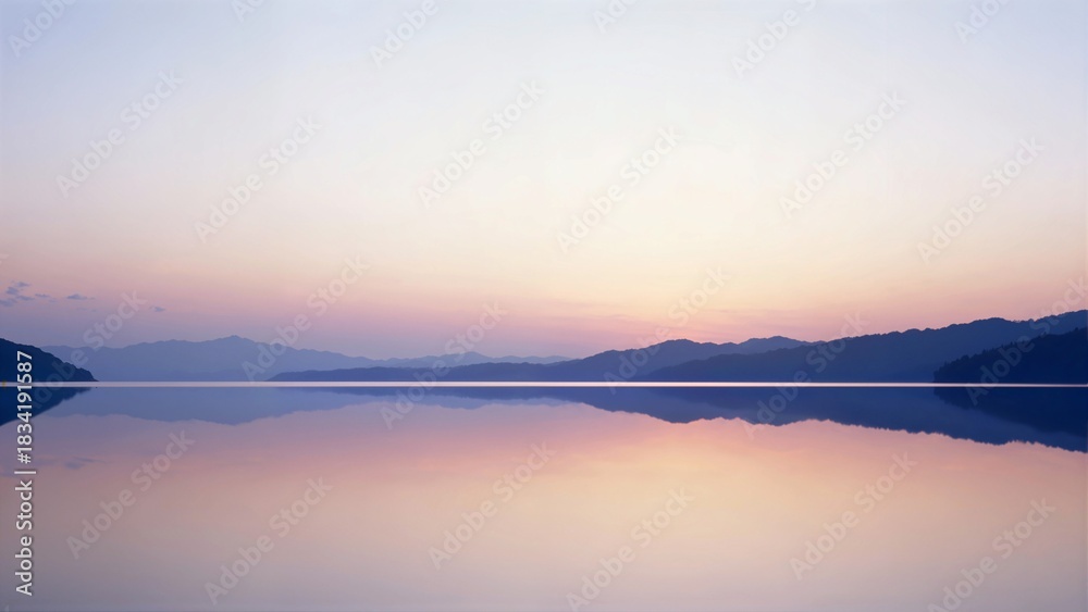 Fototapeta premium Serene horizontal panorama of a calm lake perfectly mirroring the purple, pink, and orange pastel tones of the sunrise or sunset sky.