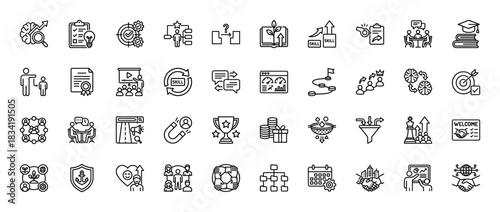 Business and education line icon set. Vector pictograms of skill development, target achievement, teamwork, and growth concepts, thin linear illustration.
