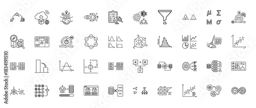 Data science outline icon set. Vector pictograms of machine learning, analytics, funnel, algorithm, and statistics, thin linear illustration.