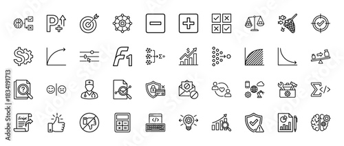 Business and data analytics line icon set. Vector pictograms of target, graph, calculator, strategy, finance, security, document and scale, thin linear illustration.