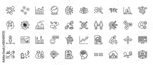 Data analysis and business intelligence line icon set. Vector pictograms of big data, ai brain, statistics chart, target strategy and dashboard, thin linear illustration.