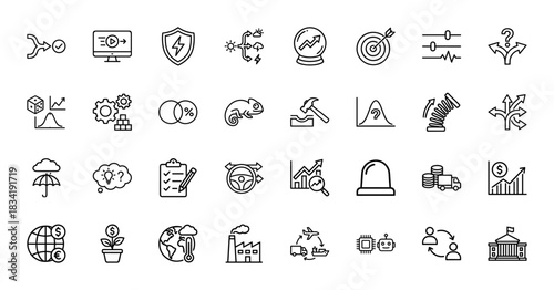 Business strategy and risk management line icon set. Vector pictograms of forecasting, adaptability, resilience, decision, crisis, logistics, thin linear illustration.