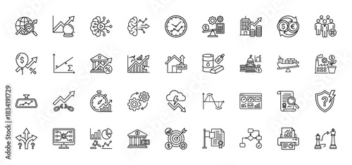 Business economy and finance line icon set. Vector pictograms of inflation, bank, oil, stock chart, crisis, currency, chess strategy, thin linear illustration.
