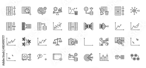 Data science and machine learning line icon set. Vector pictograms of sorting, analysis, training, neural networks, and visualization, thin linear illustration.