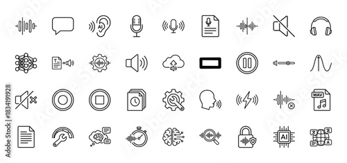 Audio and voice AI line icon set. Vector pictograms of microphone, sound wave, headphones, speech recognition, neural network, translation, thin linear illustration.