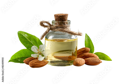 Almond oil in glass bottle with nuts isolated on a transparent background 