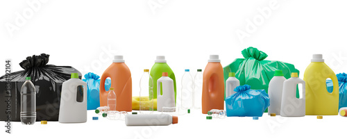 Assorted plastic bottles and colorful trash bags isolated on white background, 3D Rendering, concept of recycling, cleanliness, and waste sorting