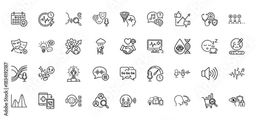 Speech therapy and psychology line icon set. Vector pictograms of voice, emotion, brain, and communication, thin linear illustration.