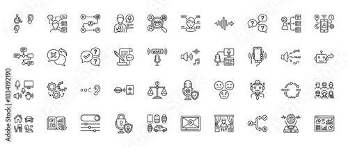 Voice technology line icon set. Vector pictograms of microphone, sound wave, chatbot, speech recognition, audio command, smart home and hearing, thin linear illustration.