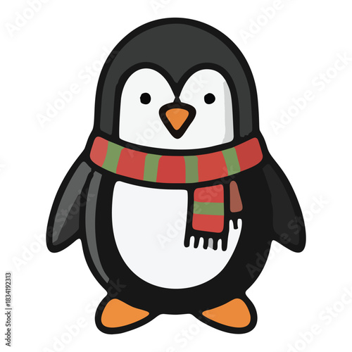 Cute cartoon penguin wearing a festive red and green striped scarf.