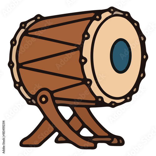 Traditional wooden barrel drum an Asian bedug resting on a stand.