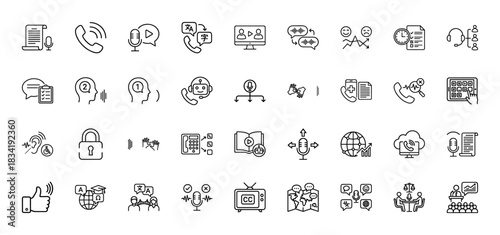 Translation and communication line icon set. Vector pictograms of interpreter, voice recognition, sign language, transcription, subtitles, thin linear illustration.